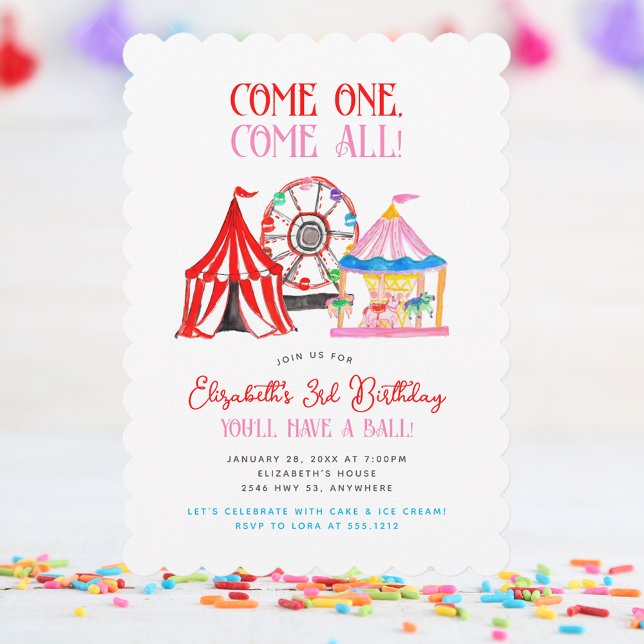Convite Bela Mão Desenhada Circo Carnaval Aniversário (Cute Hand Drawn Carnival Circus Birthday Invitation)