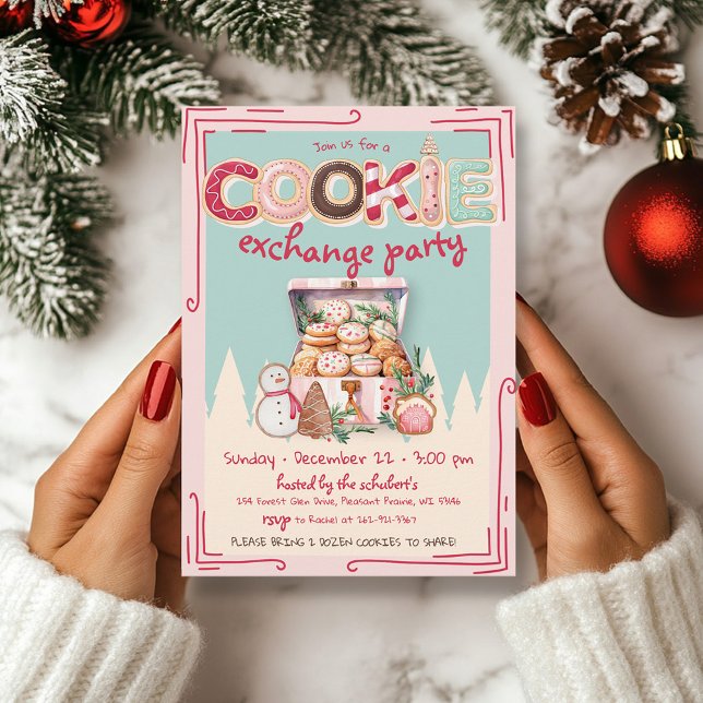 Convite Bela Mão Desenhada Festa de Bolachas de Natal (Cute pink, red, teal hand drawn cookie exchange Christmas Party invitation, cookies, baking)
