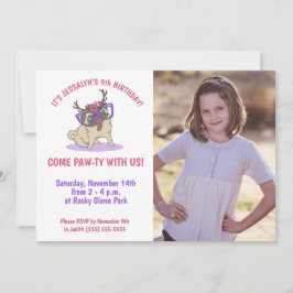 Convite Bela Menina Boho Floral Pug Puro Óculos Aniversári