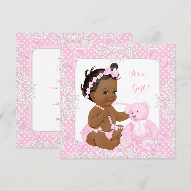 Convite Bela Menina Chuveiro Bebê Renda Urso Rosa Étnico (Frente/Verso)