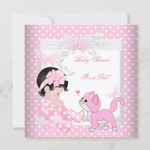 Convite Bela Menina do Chuveiro Bebê Rosa Spot Kitten 3CC