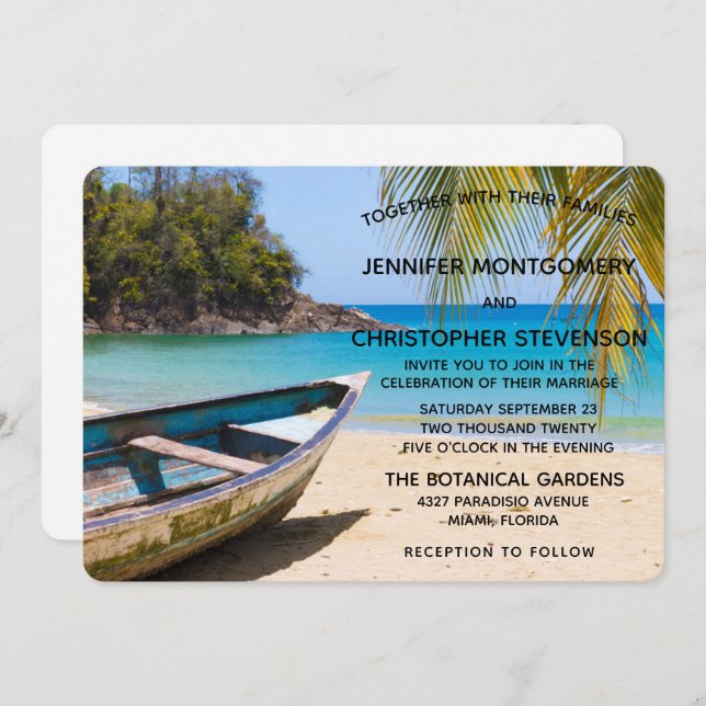 Convite Bela Praia Tropical com Casamento Rowboat (Frente/Verso)