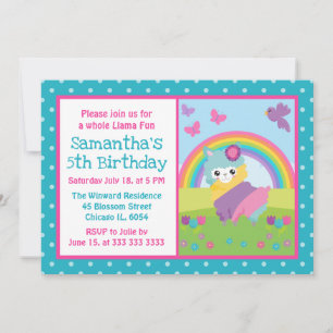 Convite Bela Primavera Floral Arco-Íris Lama Aniversário