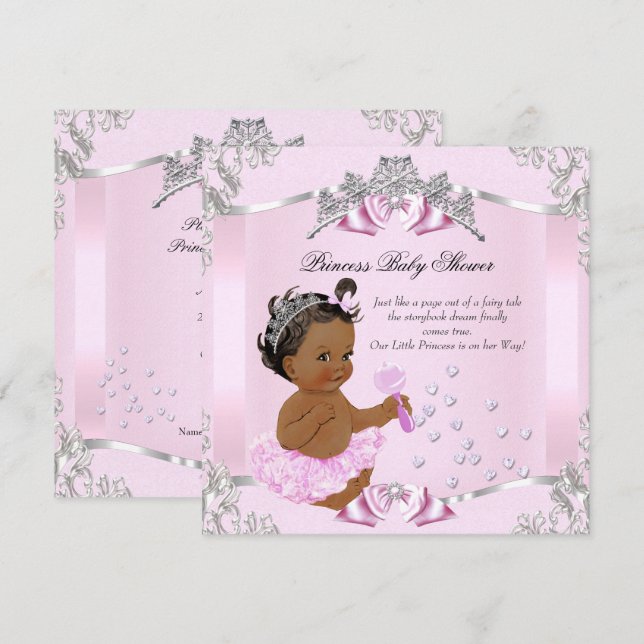 Convite Bela Princesa Chuvada de Bebê Rosa Tuta Étnica (Frente/Verso)