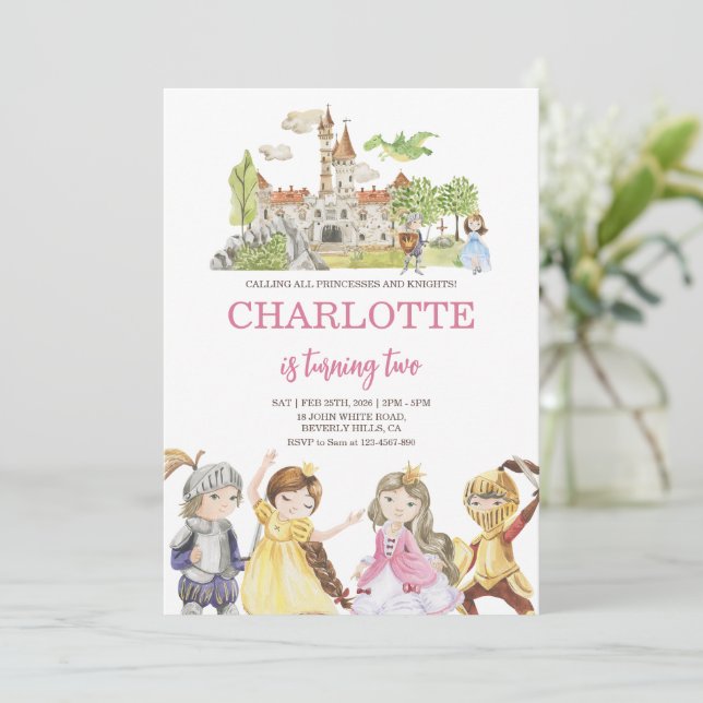 Convite Bela princesa e cavaleiros Aniversário (Em pé/Frente)