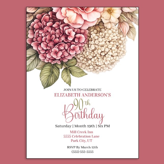 Convite Bela Rosa de Hortênsia para 90º Aniversário (Pretty Hydrangea and Rose 90th Birthday invitation For Women.)