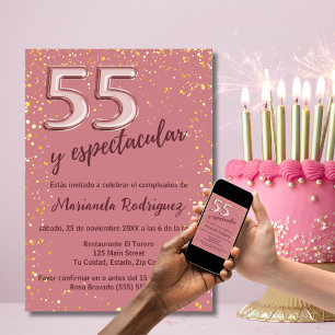 Convite Bela Rosa Elegante Dourado 55º Aniversário Espanho