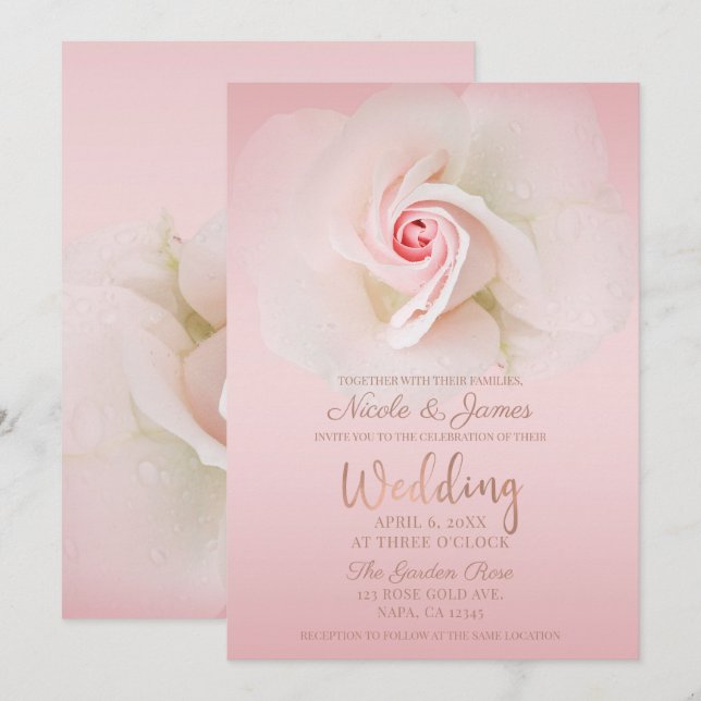 Convite Bela Rosa Molhada Rosa Macia Elegante Casamento (Frente/Verso)