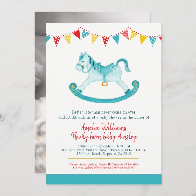 Convite Belado Chá de fraldas aqua, cavalo de balanço, beb (Frente/Verso)