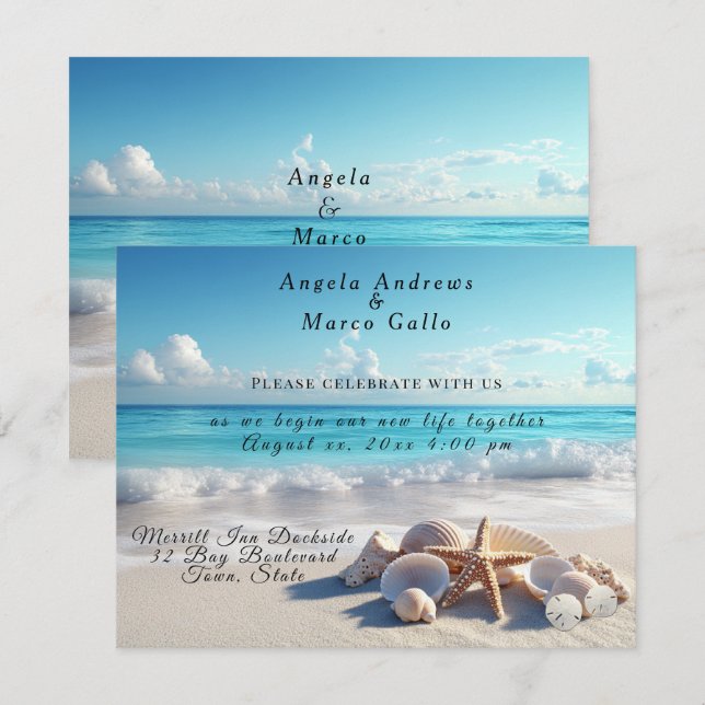 Convite Belas Conchas Estrela-do-Mar Casamento na Praia  (Frente/Verso)