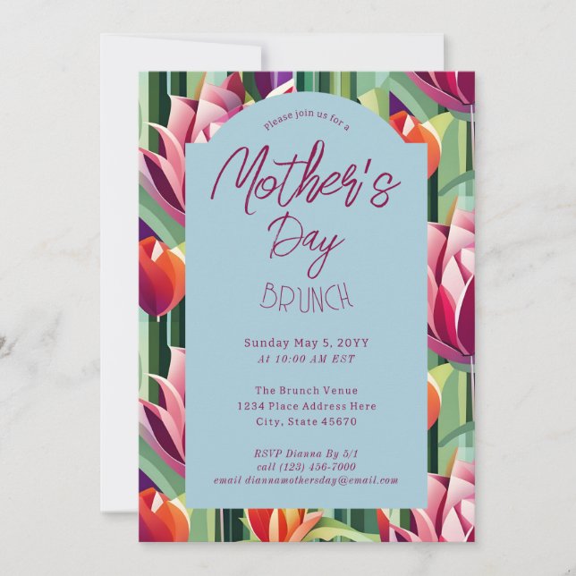 Convite Belas Flores Brunch do Dia das Mães Azul (Frente)