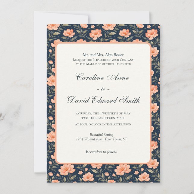 Convite Belas Flores de Pêssego em Azul Marinho (Frente)