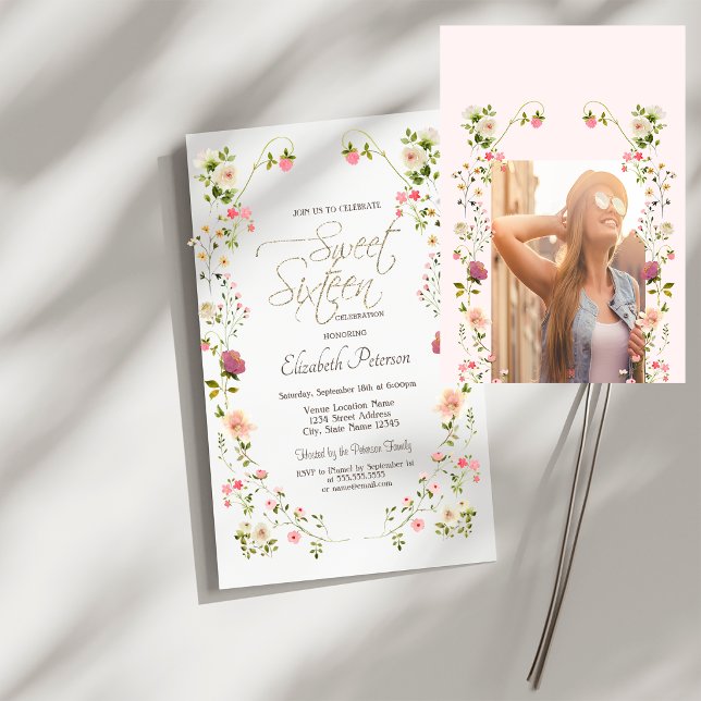 Convite Belas Flores Selvagens Sua Foto Sweet 16 (Criador carregado)