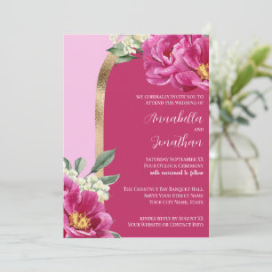 Convite Belas Peônias Rosas com Dourado no Casamento Rosa
