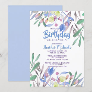 Convite Beleza Botânica Azul Aquarela Mulher Aniversário