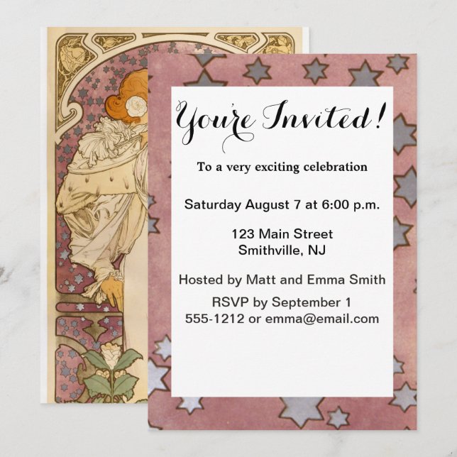 Convite Beleza da Mulher Mucha Art Nouveau (Frente/Verso)