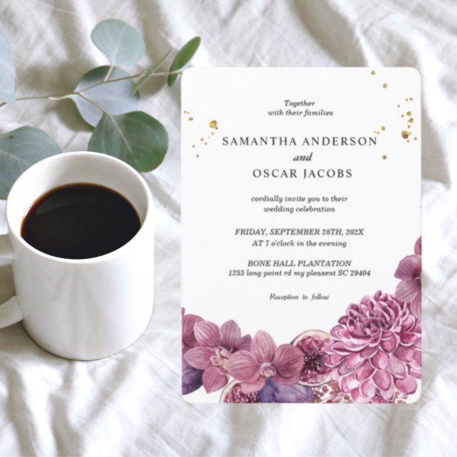 Convite Beleza Elegante Orquídeas Rosa e Púrpura de Aquare (Criador carregado)