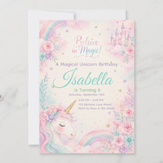 Convite Believe In Magic Unicorn Invitation Editable