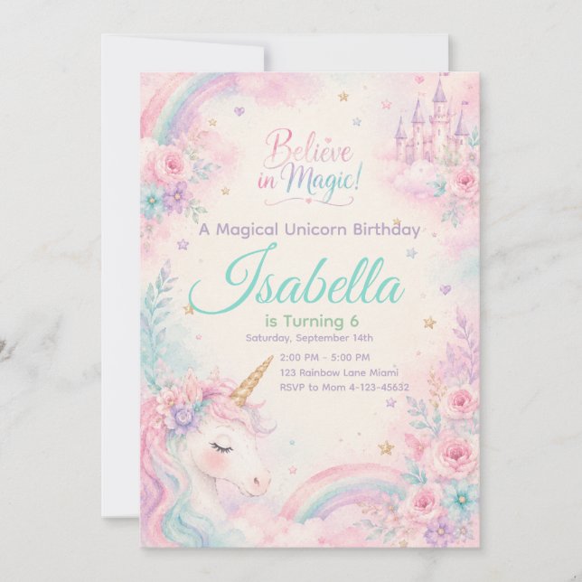 Convite Believe In Magic Unicorn Invitation Editable (Frente)
