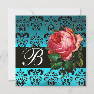 CONVITE BELÍSSIMA ROSA PINK MONOGRAMA DAMASCO PRETO AZUL