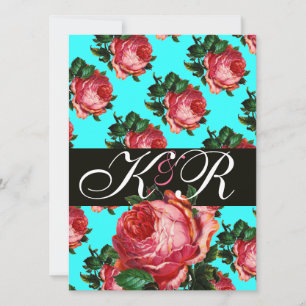 CONVITE BELÍSSIMO MONOGRAMA FLORAL DE ROSA PINK ÁGUA AZUL 