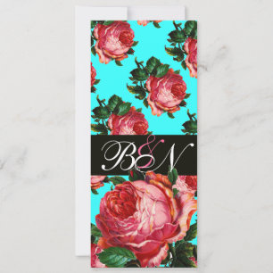 CONVITE BELÍSSIMO MONOGRAMA FLORAL DE ROSA PINK ÁGUA AZUL