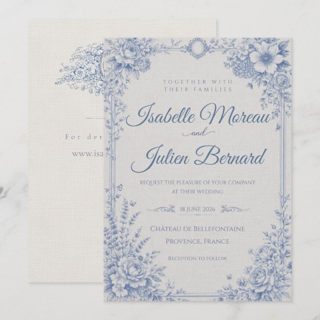 Convite Bellefontaine – Linho Azul Francês Casamento (Frente/Verso)