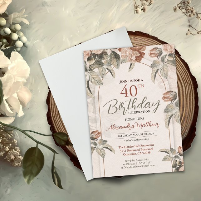 Convite Belo aniversário de 40 anos de Boho Floral ou Idad (Click "Personalize this Template" to easily change the age for any birthday celebration. )