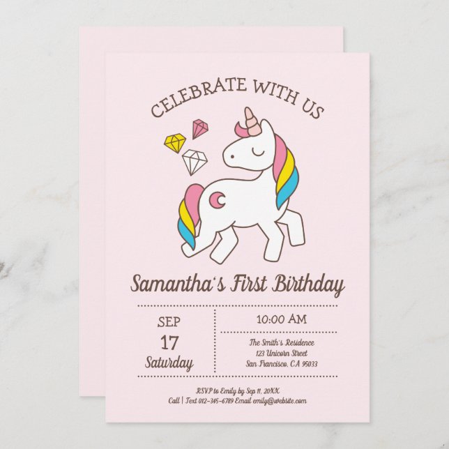 Convite Belo Aniversário do Arco-Íris Unicórnio (Frente/Verso)