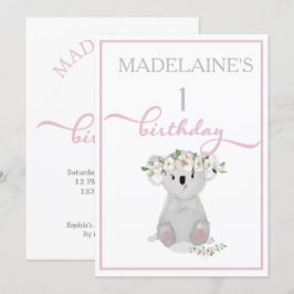 Convite Belo Aniversário Koala Floral Rosa
