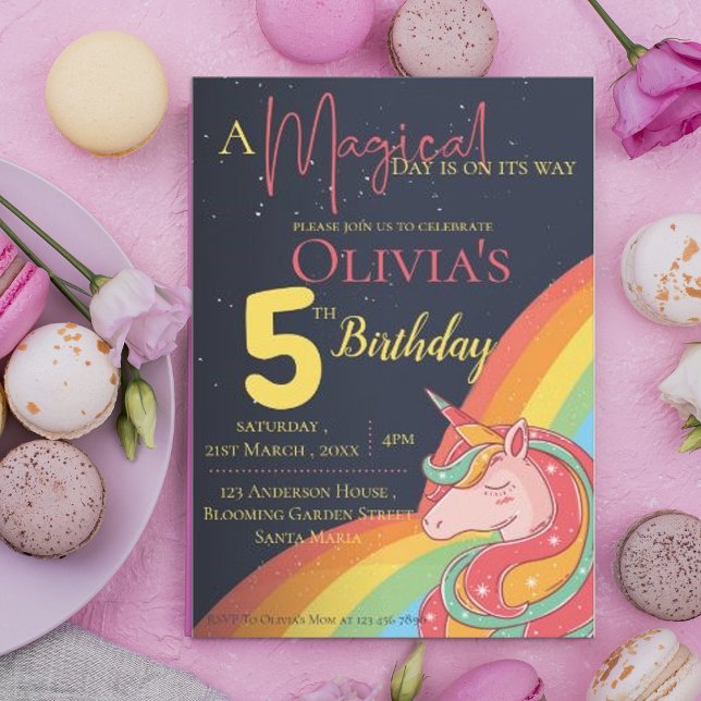 Convite Belo Arco-Íris Magnético, Brilhante Unicórnio, Ani (Unicorn Rainbow 5th Magical Kids Birthday Party Invitation)