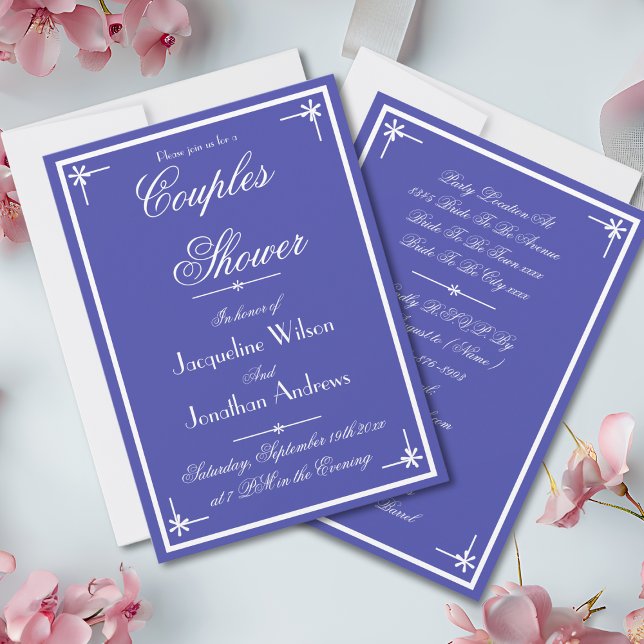 Convite Belo Azul - Chá de Casais Clássicos Legal (Beautiful Blue with White Script - Cool Classic Chic Couples Shower Invitation)