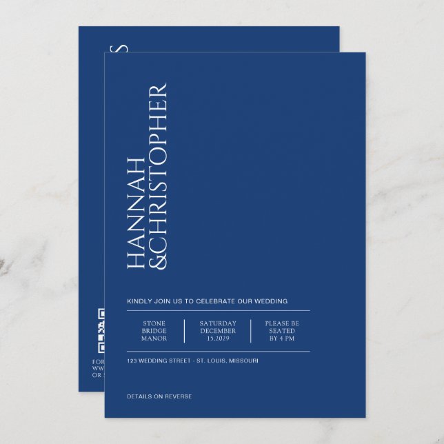 Convite Belo Azul com Detalhes e Casamento de Código QR (Frente/Verso)