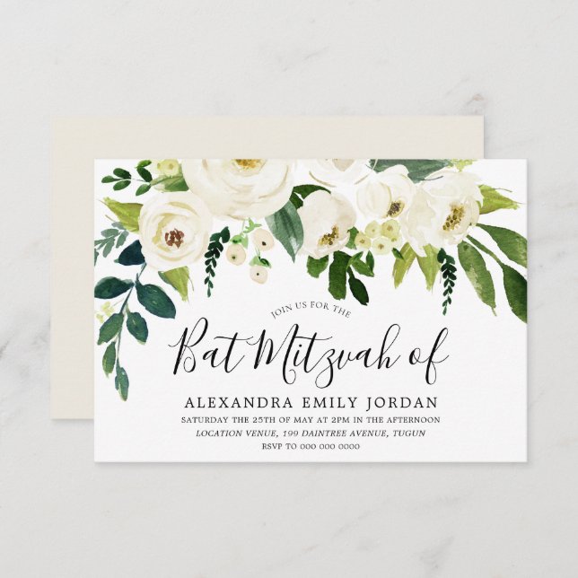 Convite Belo Bar de Flores Brancas Mitzvah Bat Mitzvah (Frente/Verso)