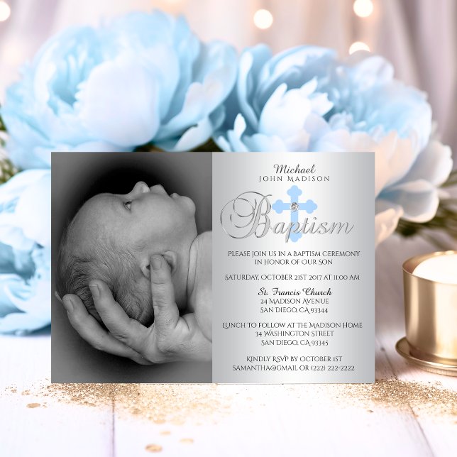 Convite Belo Batismo do Blue Cross Boy da Silver (Gorgeous Silver Blue Cross Boy PHOTO Baptism Invitation)