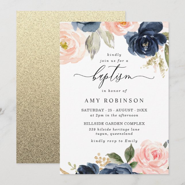 Convite Belo Blush e Marinho Flores Menino Batismo (Frente/Verso)