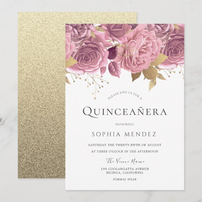 Convite Belo Blush Floral e Dourado Partido Quinceanera (Frente/Verso)