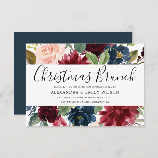 Convite Belo Borgonha Vermelha Floral de Natal Brunch (Frente/Verso)