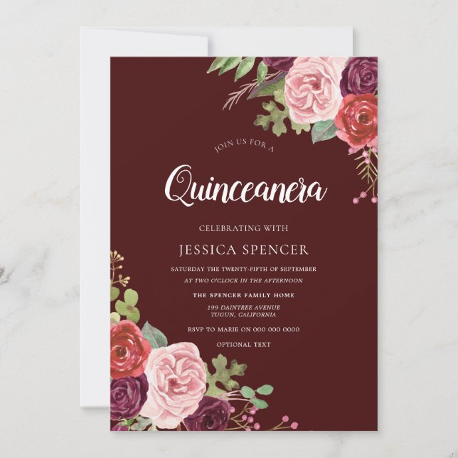 Convite Belo Burgundy Flowers Quinceanera Invite (Frente)