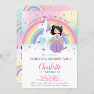 Convite Belo Cabelo Negro Princesa Unicorn Arco-Íris Anive