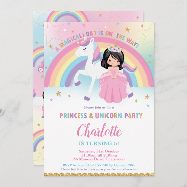 Convite Belo Cabelo Negro Princesa Unicorn Arco-Íris Anive (Frente/Verso)
