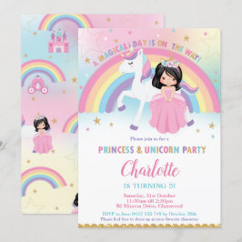 Convite Belo Cabelo Negro Princesa Unicorn Arco-Íris Anive