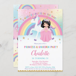 Convite Belo Cabelo Negro Princesa Unicorn Arco-Íris Anive