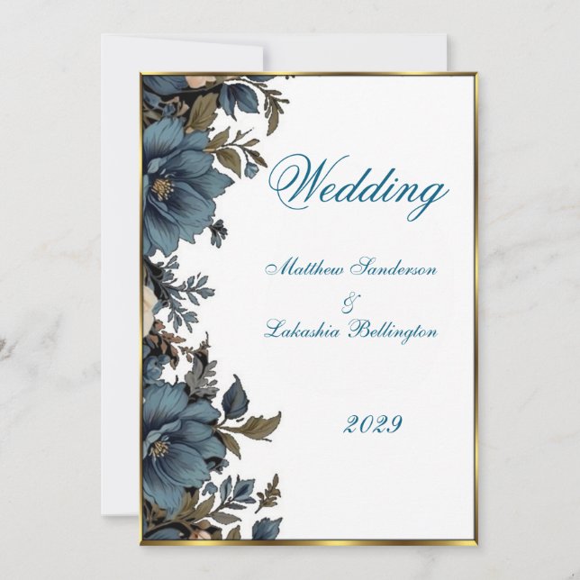 Convite Belo Casamento Azul-Flor Branco (Frente)