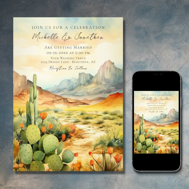Convite Belo Casamento de Cactus Desert Watercolor (Printed and Digital - Beautiful Watercolor Desert Cactus Southwestern Invitation)