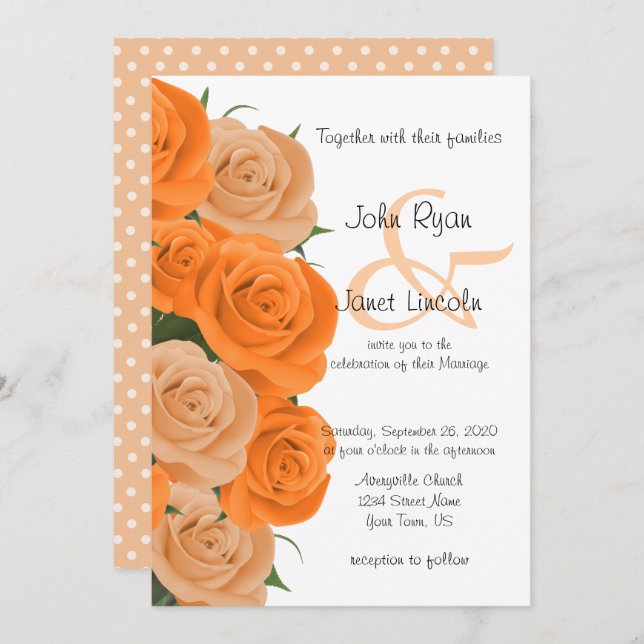 Convite Belo Casamento de Flor Rosa Laranja Floral Laranja (Frente/Verso)