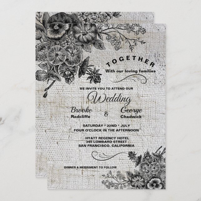 Convite Belo Casamento de Flores Artísticas Negras e Cinza (Frente/Verso)