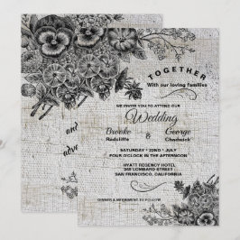 Convite Belo Casamento de Flores Artísticas Negras e Cinza