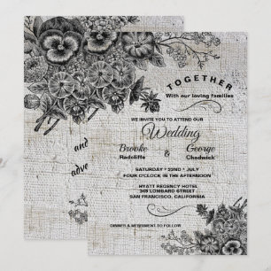 Convite Belo Casamento de Flores Artísticas Negras e Cinza