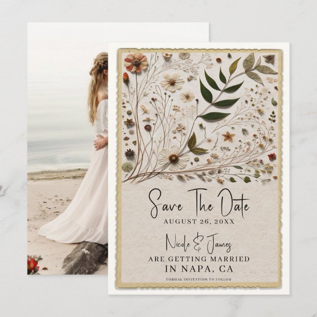 Convite Belo Casamento de Flores Botânicas e Folhas da Nat (Frente/Verso)